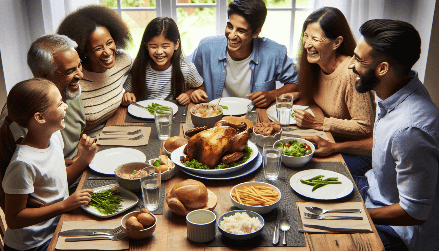 Rodina si užívá jídlo s farmářským kuřetem