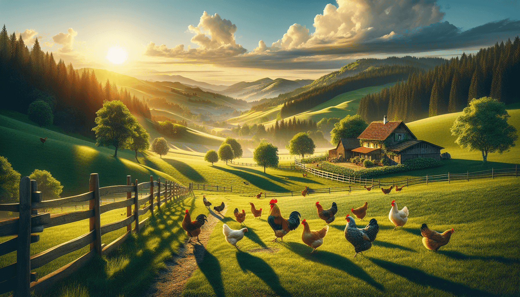 Farmářská krajina s volně se pohybujícími kuřaty